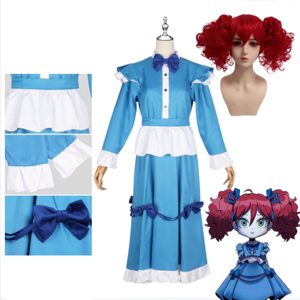 Anime Cosplay Blue Hair - ชุดคอสเพลย์ผมสีแดงป๊อปปี้ ชุดเต็มรูปแบบ ชุดเดรสสีฟ้าน่ารัก สำหรับผู้ใหญ่ ผู้หญิง ฮาโลวีน