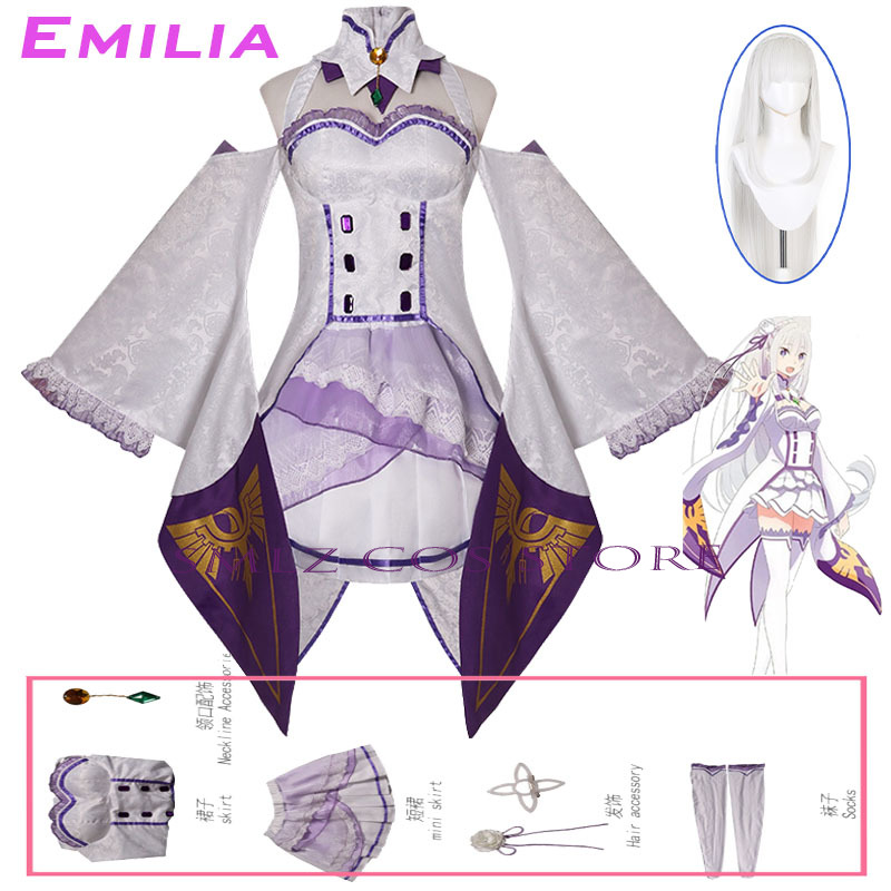 Anime Cosplay Ladies - เอมิเลียคอสเพลย์อะนิเมะเรซีโร่ คาร่า ฮาจิเมรุ อิเซไค เซียคัตสึชุดเครื่องแต่งกายสีขาวชุดวิกผมชุดปาร์ตี้ฮาโลวีนชุดสำหรับผู้หญิง
