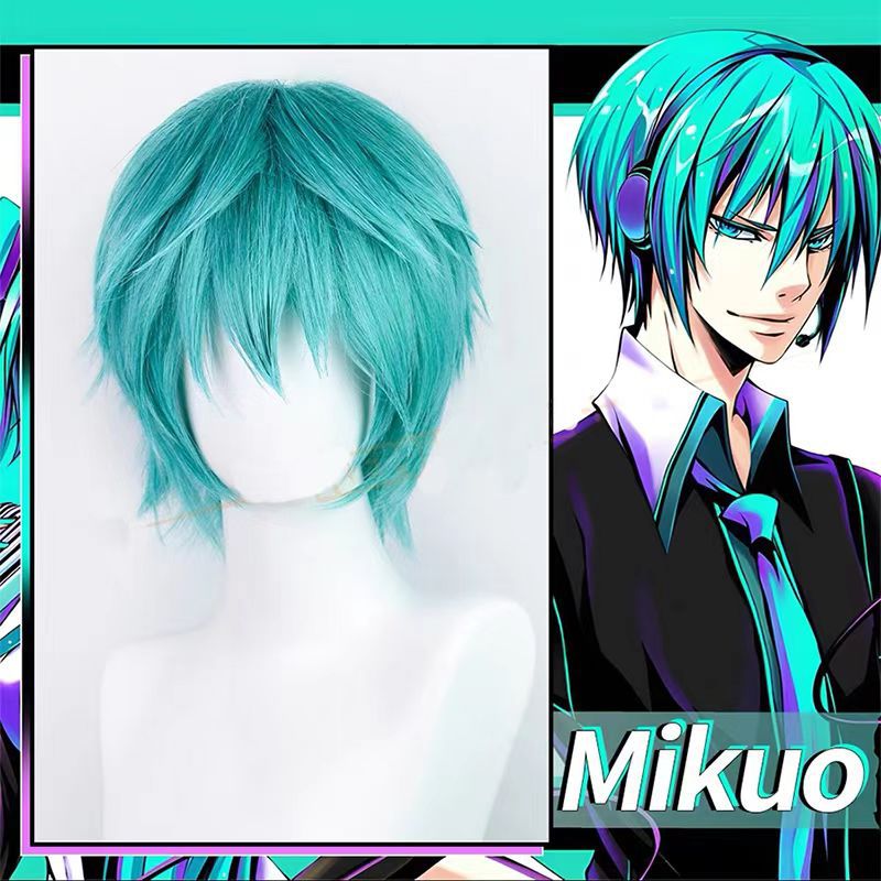 Anime Cosplay Blue Hair - มิคุโอะคอสเพลย์วิกผมอะนิเมะมิกุสีฟ้าผมสั้นอุปกรณ์เสริมผมลวดทนความร้อนสูงพร้อมหมวกวิกผมสำหรับชาย